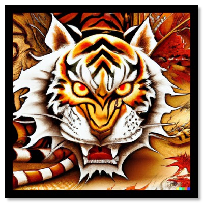 DALL·E 2024-02-29 17.41.36 - 2048×1152ピクセル A stylized portrait-oriented depiction where a tiger serves as the dividing line between two contrasting worlds. To the left, fiery red